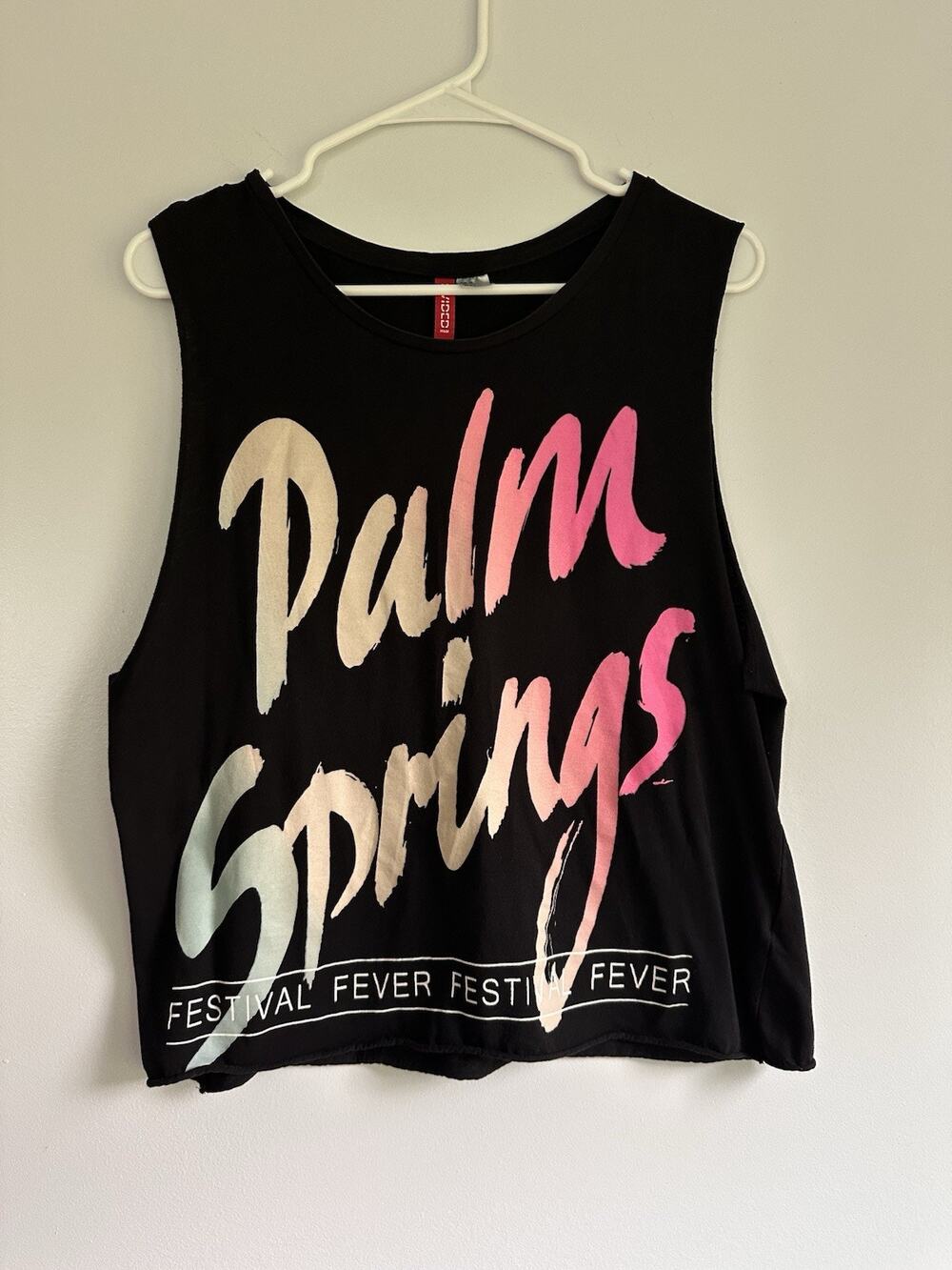 H&M Divided Woman’s Size 12 Palm Springs Cropped Tank Top Cutoff Raw Hems Graphi